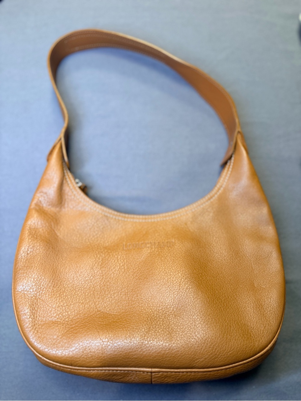 VTG Longchamp Crescent Leather Shoulder Bag Brown Women's Silver Bottom Detail